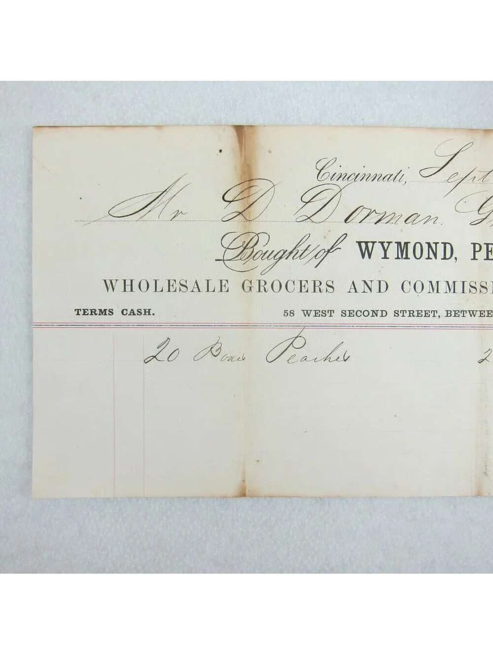 Antique 1867 Wymond Peebles Co Wholesale Grocer Cincinnati Ohio Receipt Invoice